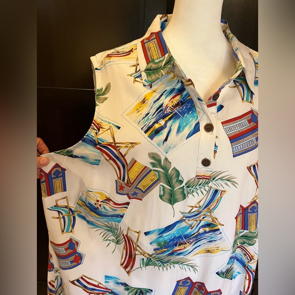 Caribbean Joe vintage dress with beach themed print. Sleeveless, lapel collar 2X - Picture 4 of 9